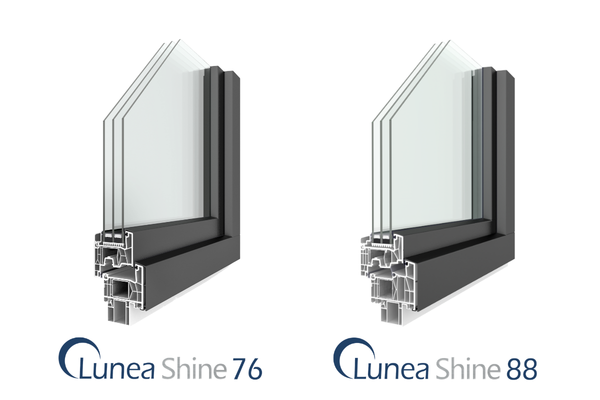 Lunea Shine Kunststoff-Alu-Fenster Querschnitte Lunea Shine Kunststoff-Alu-Fenster sind in den Einbautiefen 76 mm und 88 mm erhältlich.